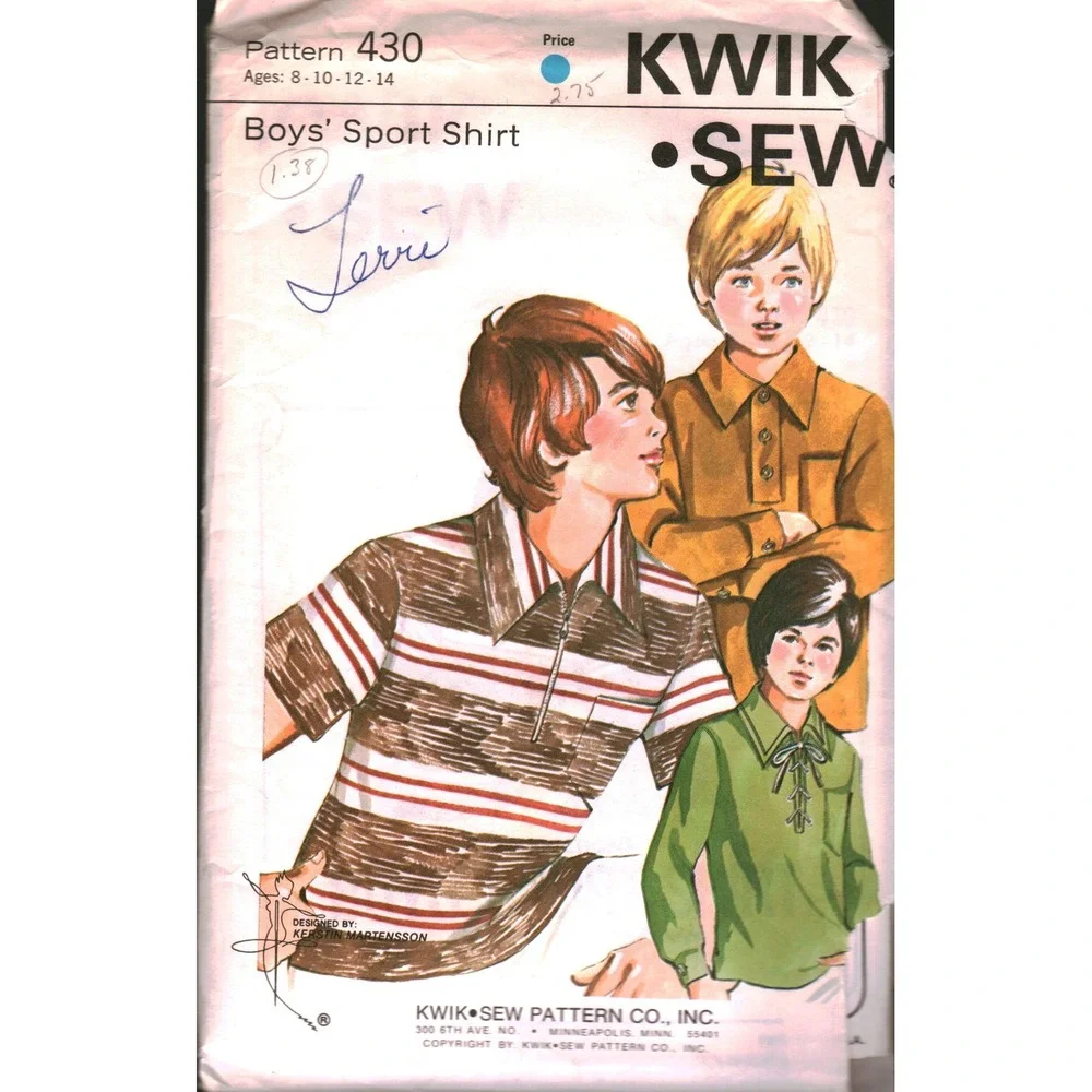 Vintage Kwik Sew 430 Boys Sport Shirt Pattern Size 8-14 Knit Stretch Zipper Lace